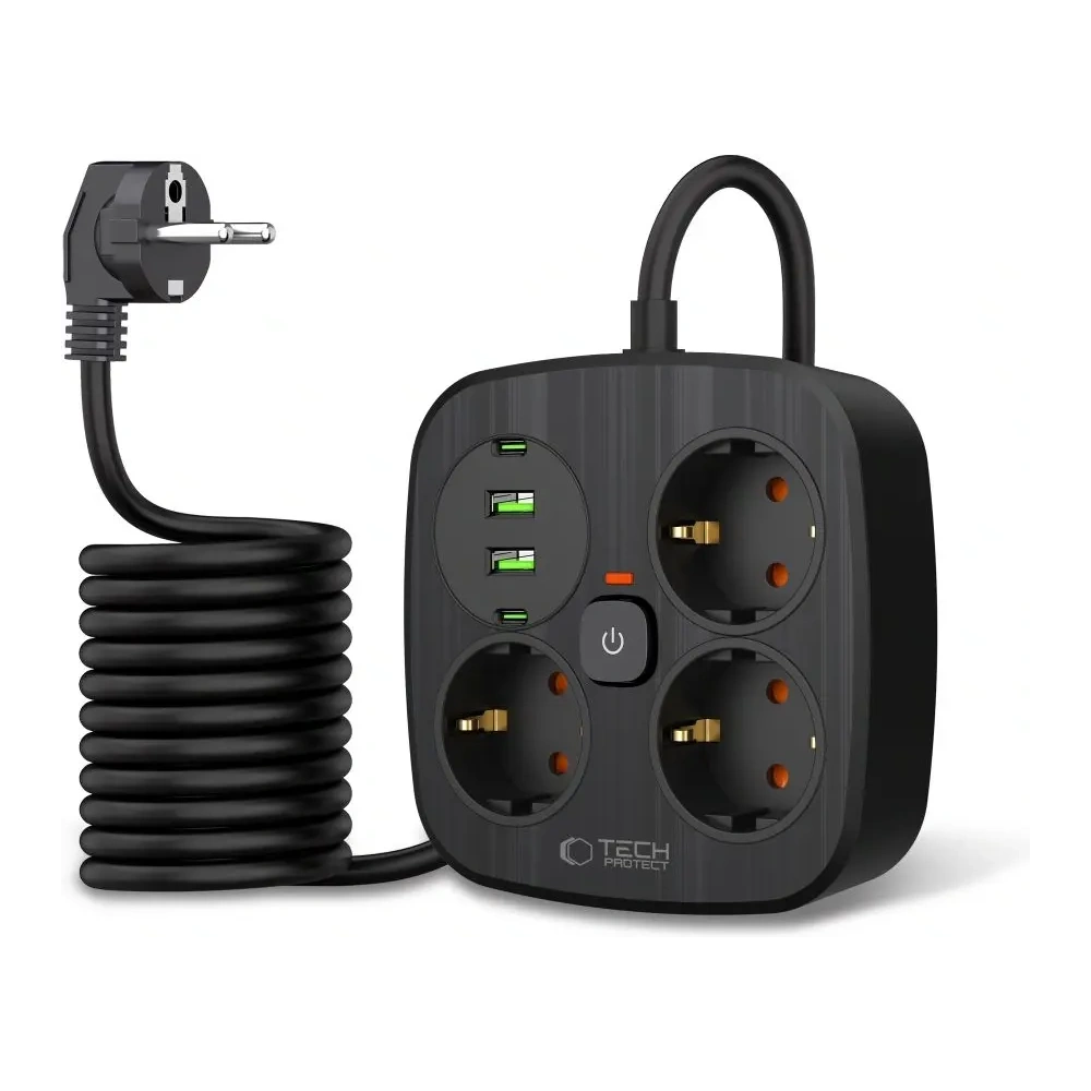 Wholesale Tech-Protect PCS3X4 Power Strip 2xUSB-A, 2xUSB-C, 3xSocket AC 200cm Black - THP4167 - {ean13} - Hurt