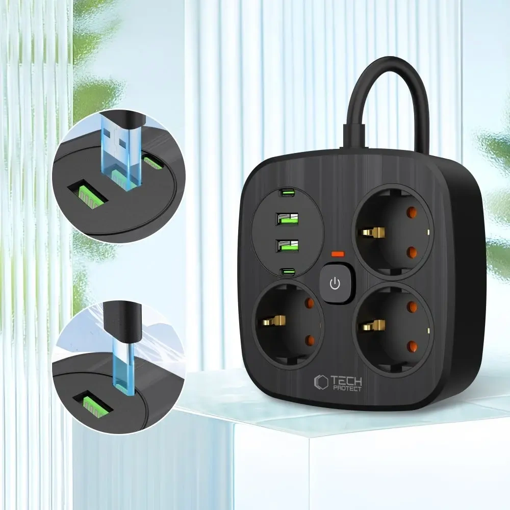 Wholesale Tech-Protect PCS3X4 Power Strip 2xUSB-A, 2xUSB-C, 3xSocket AC 200cm Black - THP4167 - {ean13} - Hurt