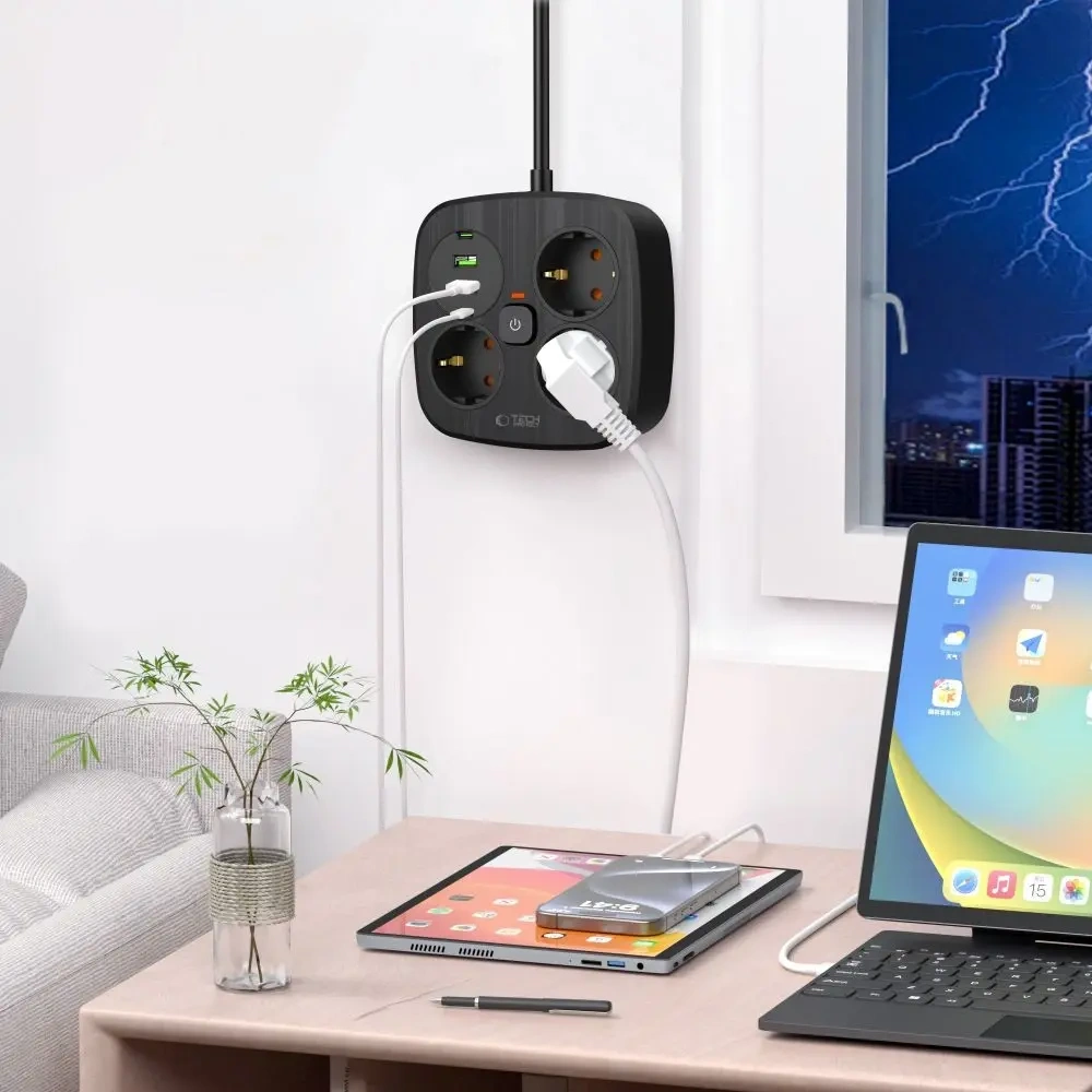 Wholesale Tech-Protect PCS3X4 Power Strip 2xUSB-A, 2xUSB-C, 3xSocket AC 200cm Black - THP4167 - {ean13} - Hurt
