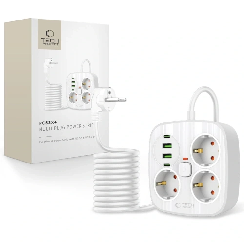 Listwa zasilająca Tech-Protect PCS3X4 Power Strip 2xUSB-A, 2xUSB-C, 3xSocket AC 200cm White