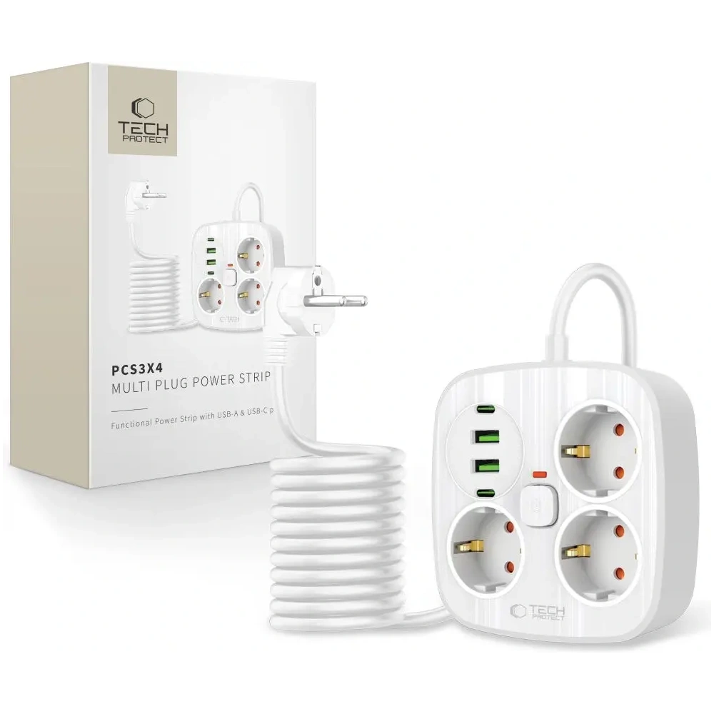 Wholesale Tech-Protect PCS3X4 Power Strip 2xUSB-A, 2xUSB-C, 3xSocket AC 200cm White - THP4168 - {ean13} - Hurt