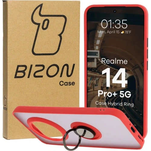 Etui z uchwytem na palec Bizon Case Hybrid Ring do Realme 14 Pro+ Plus 5G przydymione z czerwoną ramką
