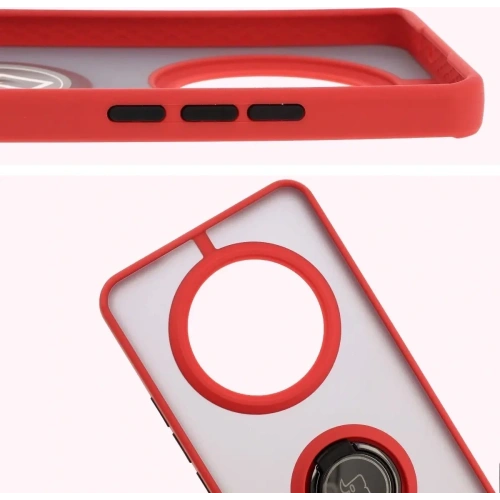 Etui z uchwytem na palec Bizon Case Hybrid Ring do Realme 14 Pro+ Plus 5G przydymione z czerwoną ramką