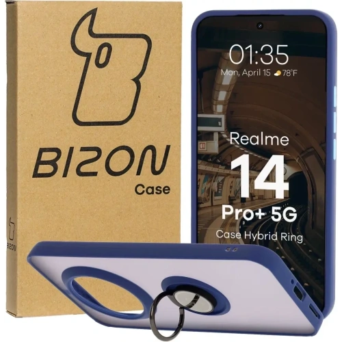 Etui z uchwytem na palec Bizon Case Hybrid Ring do Realme 14 Pro+ Plus 5G przydymione z granatową ramką
