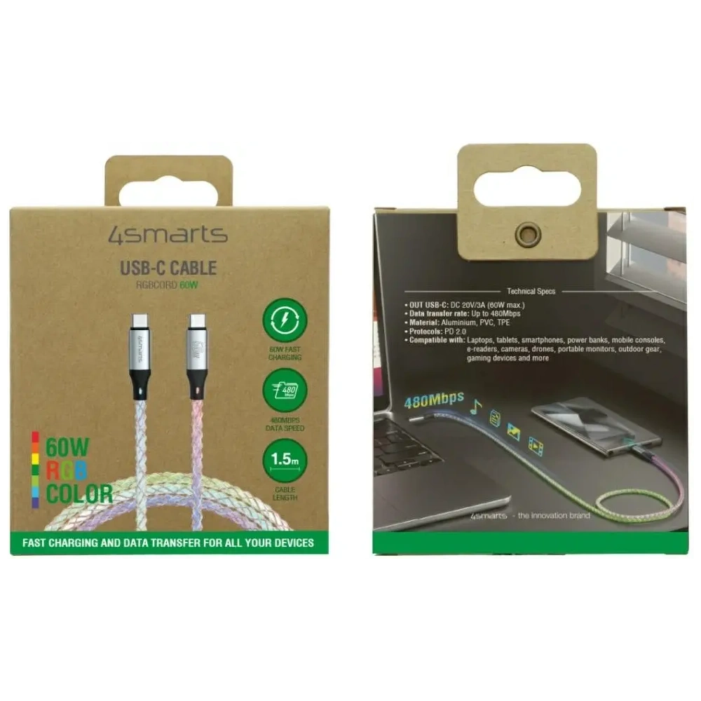 Hurtownia GSM - 4smarts USB-C / USB-C 60W 1,5m RGB kabel - 4SMR85 - {ean13} - Hurt