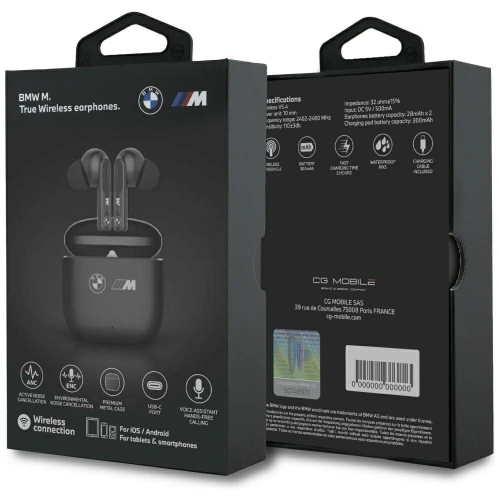 Bezprzewodowe słuchawki dokanałowe BMW M Metal M Logo Print Bluetooth 5.4 TWS ANC ENC czarny