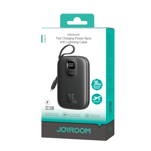 Powerbank Joyroom JR-PBF18 10000mAh 22.5W z wbudowanym kablem Lightning + kabel USB-C / USB-C 0.25cm czarny