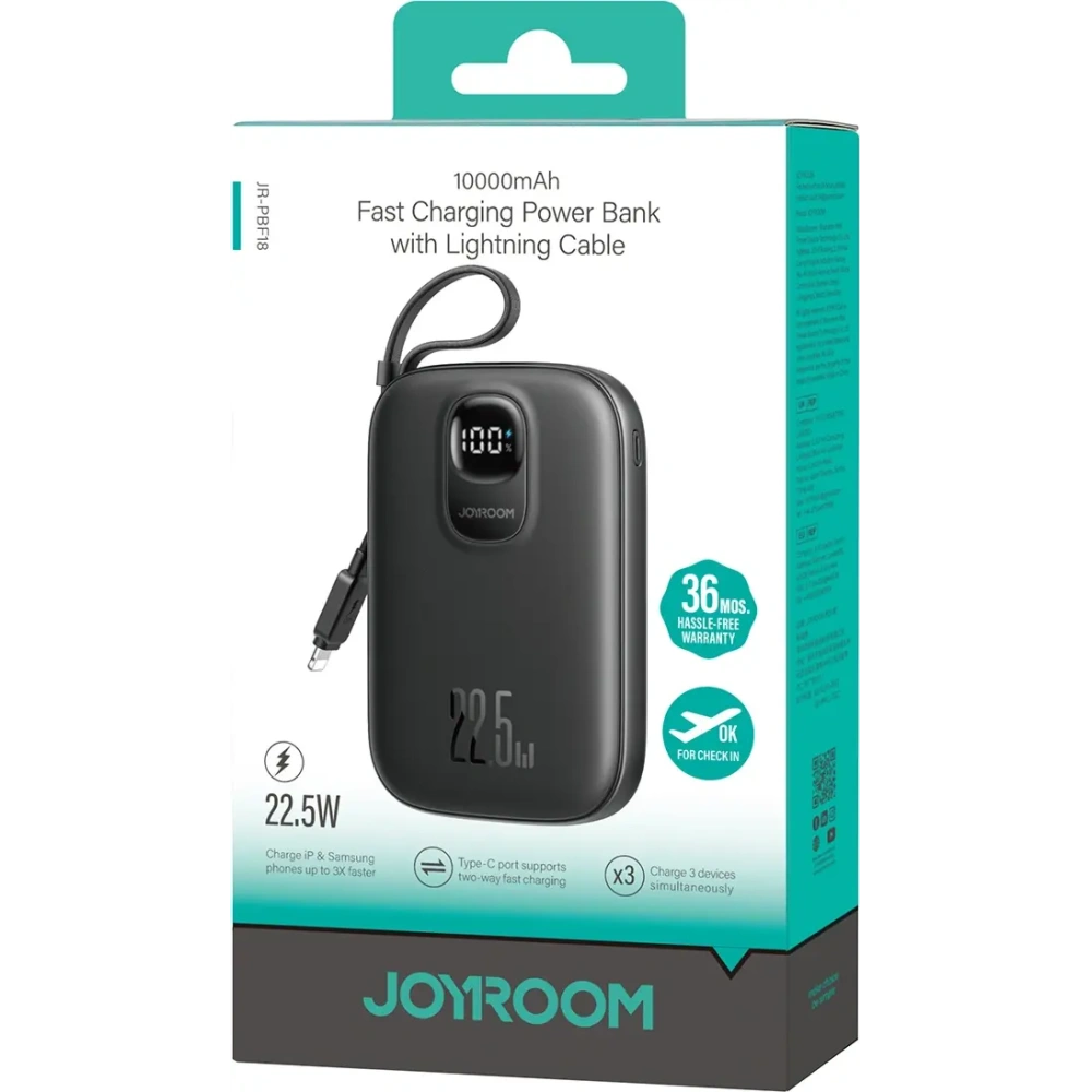 Hurtownia GSM - Joyroom JR-PBF18 10000mAh 22.5W Power banka s vestavěným Lightning kabelem + USB-C / USB-C kabel 0,25 cm černý - JYR1249 - {ean13} - Hurt