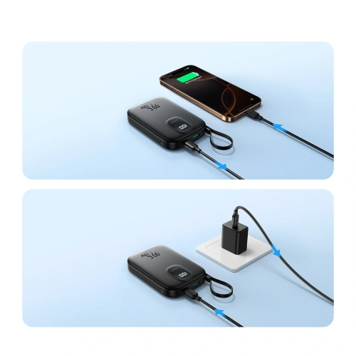 Powerbank Joyroom JR-PBF18 10000mAh 22.5W z wbudowanym kablem Lightning + kabel USB-C / USB-C 0.25cm czarny