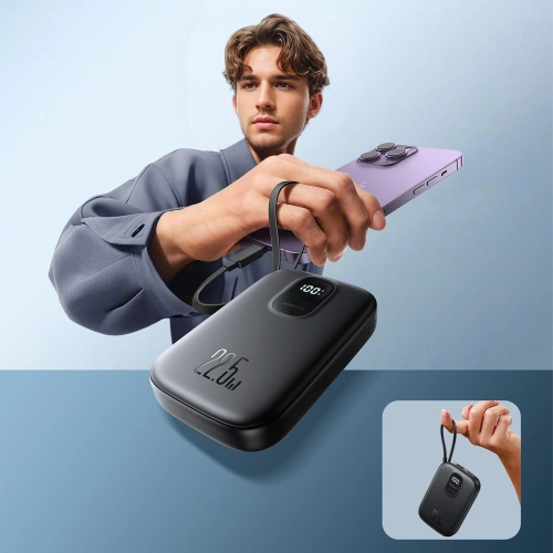 Powerbank Joyroom JR-PBF18 10000mAh 22.5W z wbudowanym kablem Lightning + kabel USB-C / USB-C 0.25cm czarny
