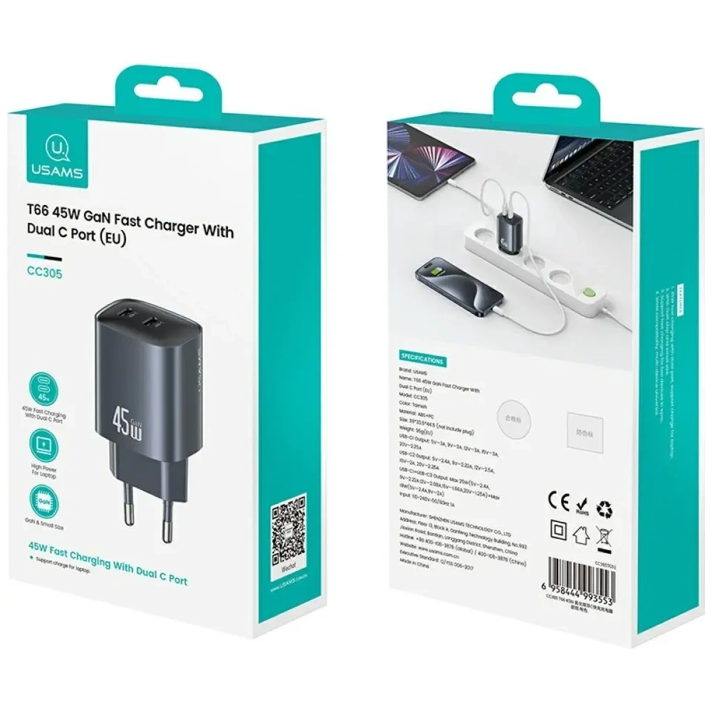 Hurtownia GSM - Ładowarka sieciowa USAMS CC305 T66 45W GaN 2xUSB-C tarnish - USA1255 - {ean13} - Hurt