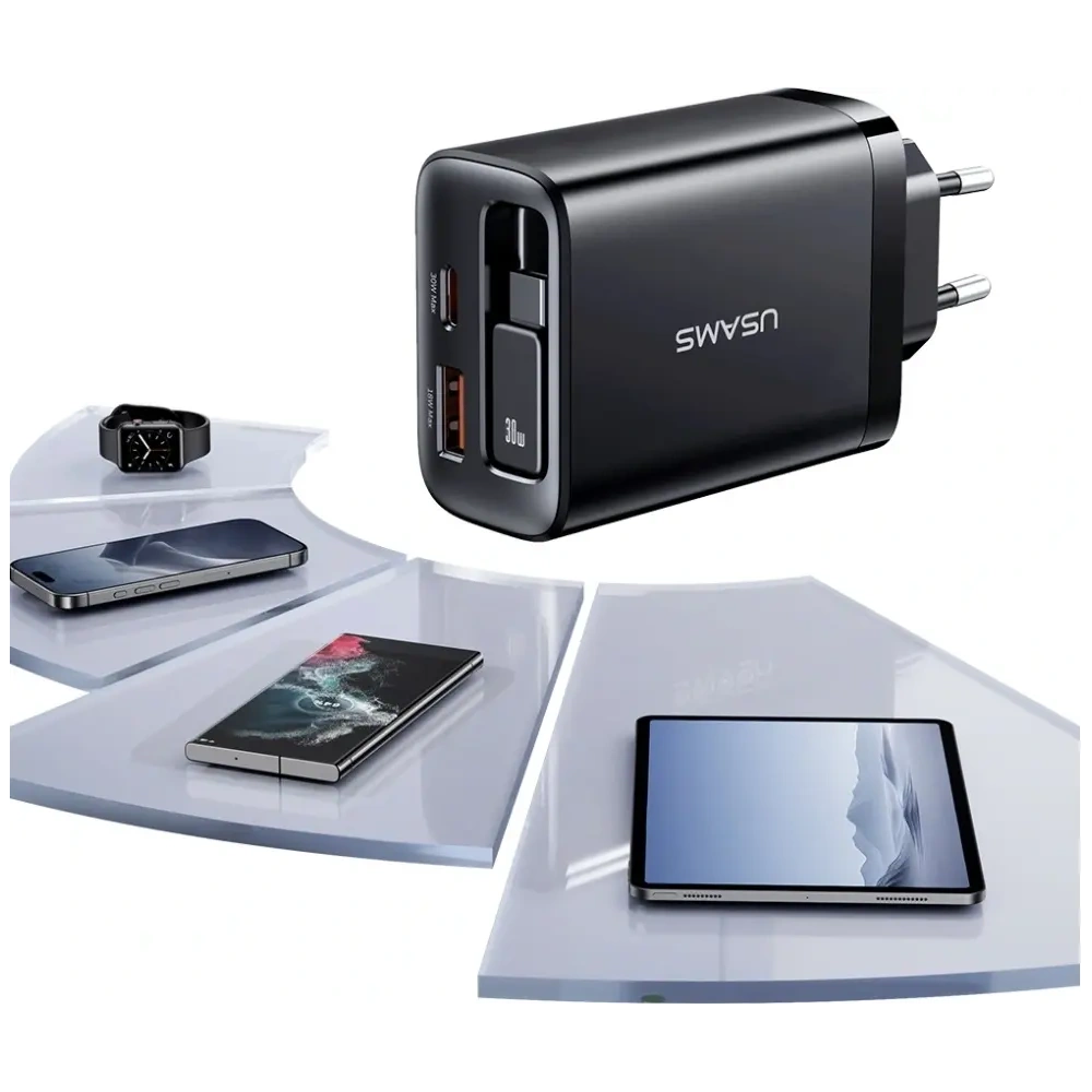 Hurtownia GSM - Ładowarka sieciowa USAMS Xiang Series CC296 30W USB-A, USB-C + kabel USB-C czarny - USA1257 - {ean13} - Hurt