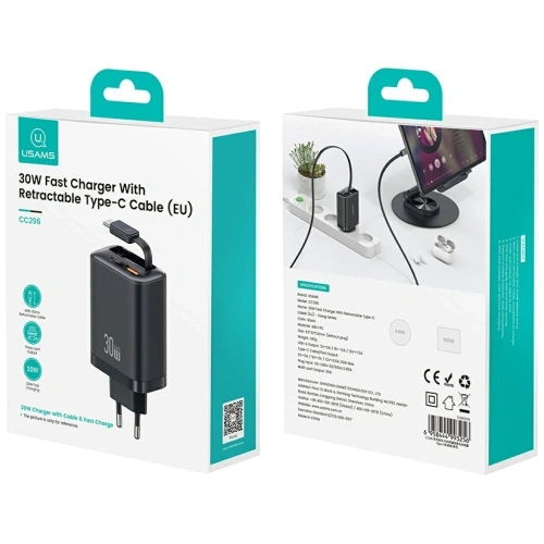 Ładowarka sieciowa USAMS Xiang Series CC296 30W USB-A, USB-C + kabel USB-C czarny