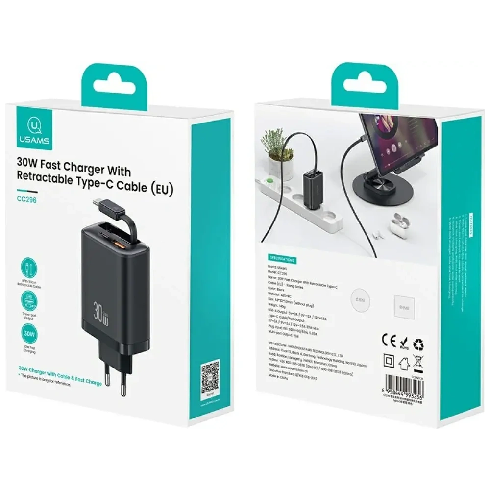 Hurtownia GSM - Ładowarka sieciowa USAMS Xiang Series CC296 30W USB-A, USB-C + kabel USB-C czarny - USA1257 - {ean13} - Hurt