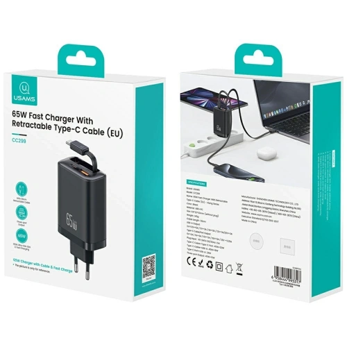 Ładowarka sieciowa USAMS Xiang Series CC299 65W USB-A, USB-C + kabel USB-C biały