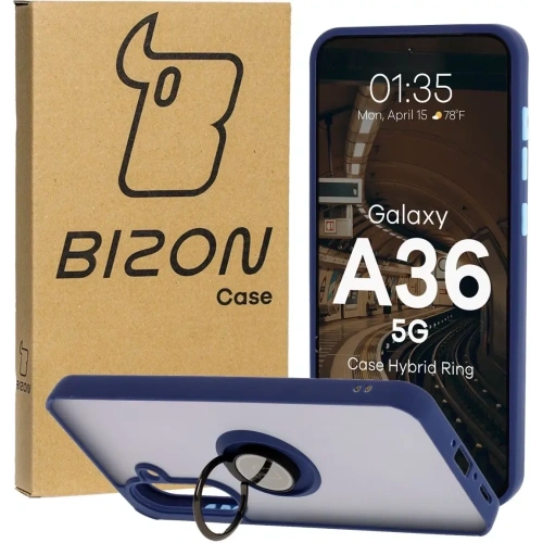 Etui z uchwytem na palec Bizon Case Hybrid Ring do Samsung Galaxy A36 5G przydymione z granatową ramką
