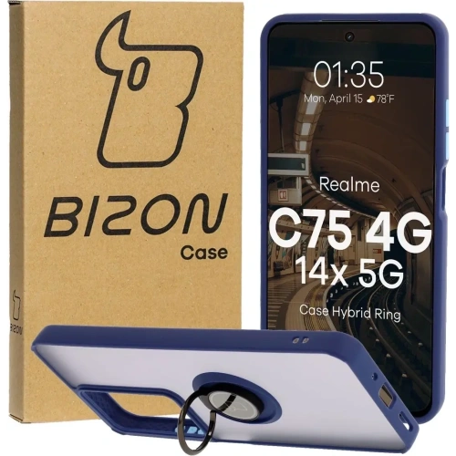 Etui z uchwytem na palec Bizon Case Hybrid Ring do Realme C75 4G / 14x 5G przydymione z granatową ramką