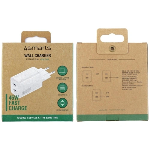 Ładowarka sieciowa 4smarts PDPlug Dual 45W GaN 2xUSB-C biała