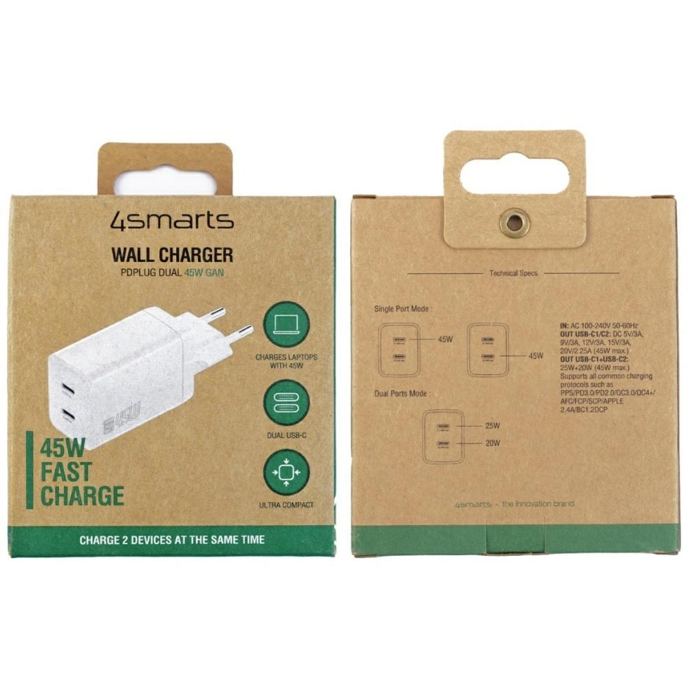 Hurtownia GSM - Încărcător de perete 4smarts PDPlug Dual 45W GaN 2xUSB-C Alb - 4SMR90 - {ean13} - Hurt