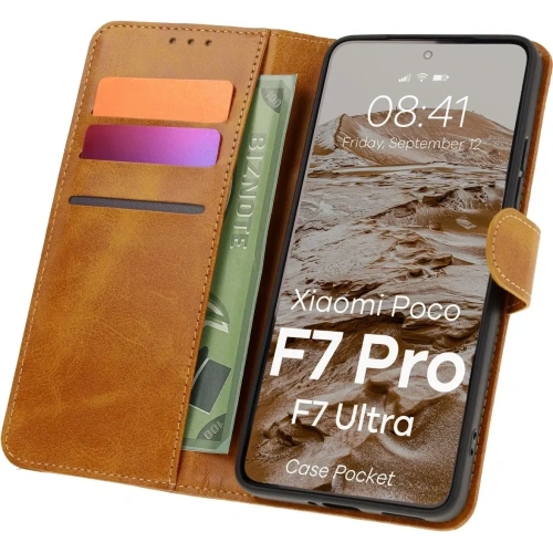 Etui z klapką Bizon Case Pocket do Xiaomi POCO F7 Pro / F7 Ultra brązowe