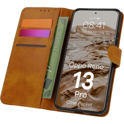 Etui z klapką Bizon Case Pocket do Oppo Reno13 Pro brązowe