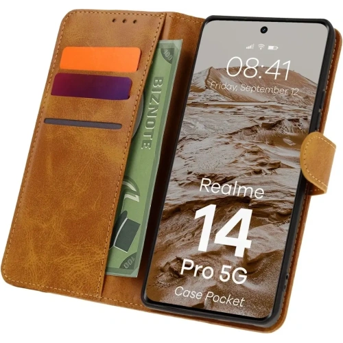 Etui z klapką Bizon Case Pocket do Realme 14 Pro 5G brązowe