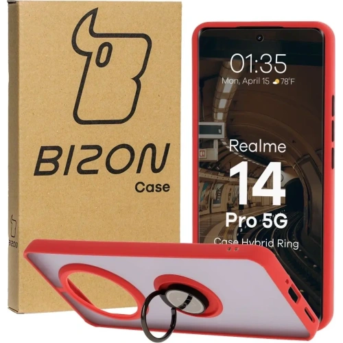 Etui z uchwytem na palec Bizon Case Hybrid Ring do Realme 14 Pro 5G przydymione z czerwoną ramką