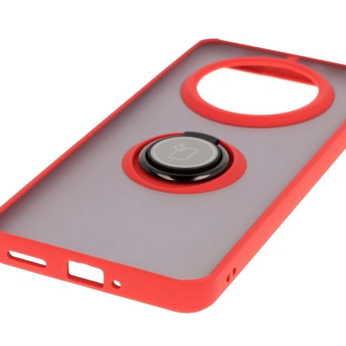 Etui z uchwytem na palec Bizon Case Hybrid Ring do Realme 14 Pro 5G przydymione z czerwoną ramką