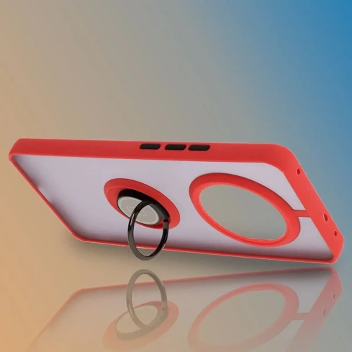 Etui z uchwytem na palec Bizon Case Hybrid Ring do Realme 14 Pro 5G przydymione z czerwoną ramką