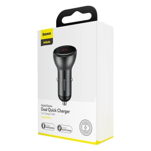 Ładowarka samochodowa Baseus Digital Display, 2x USB, QC3.0, 45W, 5A (szara)