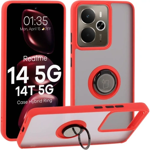 Etui z uchwytem na palec Bizon Case Hybrid Ring do Realme 14 5G / 14T 5G przydymione z czerwoną ramką