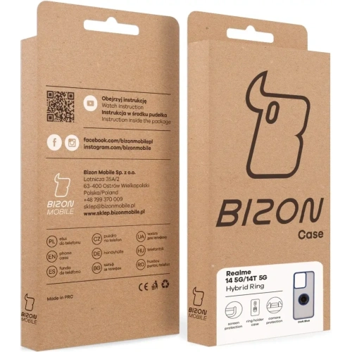 Etui z uchwytem na palec Bizon Case Hybrid Ring do Realme 14 5G / 14T 5G przydymione z granatową ramką