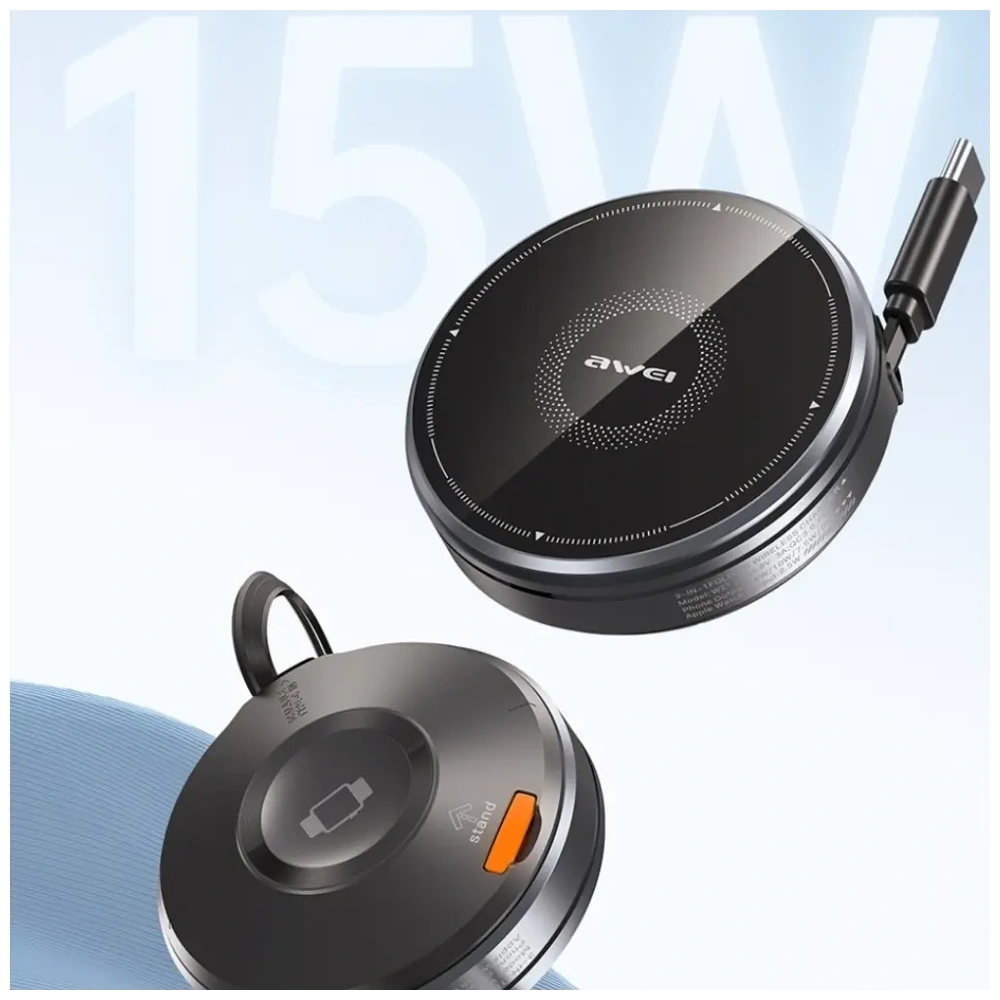 Wholesale AWEI W27 15W 3-in-1 Induction Charger MagSafe for phone, watch with USB-C Fast Charging cable black - AWEI253 - {ean13} - Hurt