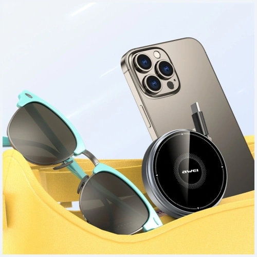 Ładowarka indukcyjna 3w1 AWEI W27 15W MagSafe do telefonu, zegarka z kablem USB-C Fast Charging czarny