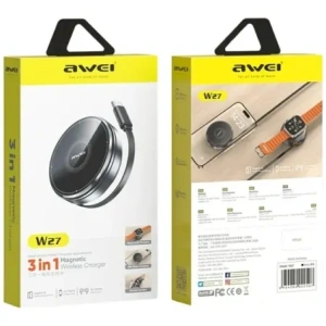 Hurtownia GSM - AWEI W27 15W 3-in-1 Încărcător Inducție MagSafe pentru telefon, ceas cu cablu USB-C de Încărcare Rapidă negru - AWEI253 - {ean13} - Hurt