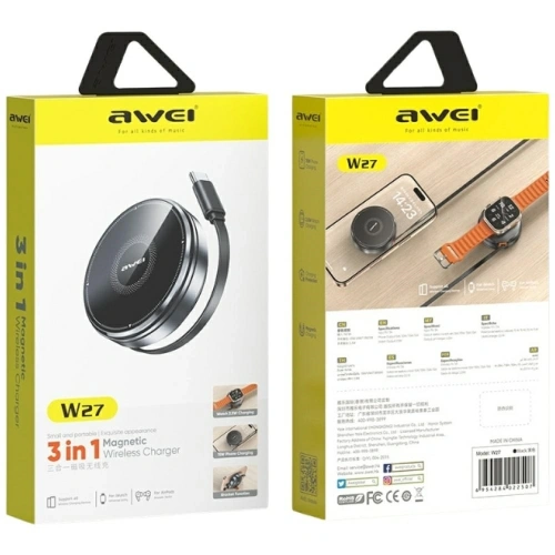 Ładowarka indukcyjna 3w1 AWEI W27 15W MagSafe do telefonu, zegarka z kablem USB-C Fast Charging czarny
