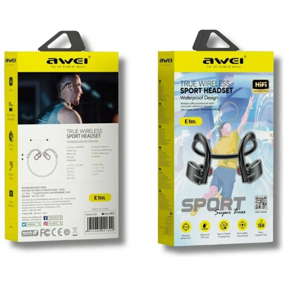 Wholesale AWEI E1BL Wireless In-Ear Headphones Bluetooth 5.3 Sports Black - AWEI254 - {ean13} - Hurt