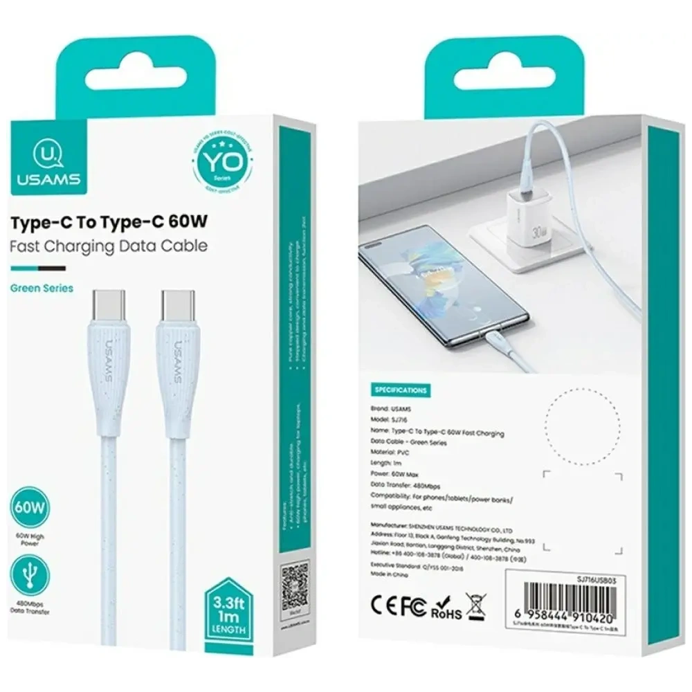 Kabel USB-C / USB-C USAMS Green Series SJ716 60W 1m niebieski