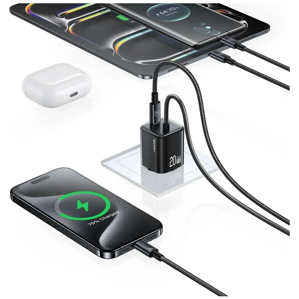 Hurtownia GSM - Încărcător rapid mini USAMS JC Series CC261 20W GaN 2xUSB-C negru - USA1271 - {ean13} - Hurt