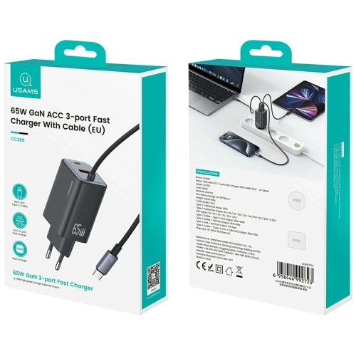 Ładowarka sieciowa USAMS JC Series CC266 65W GaN Fast Charger USB-A, 2xUSB-C biały