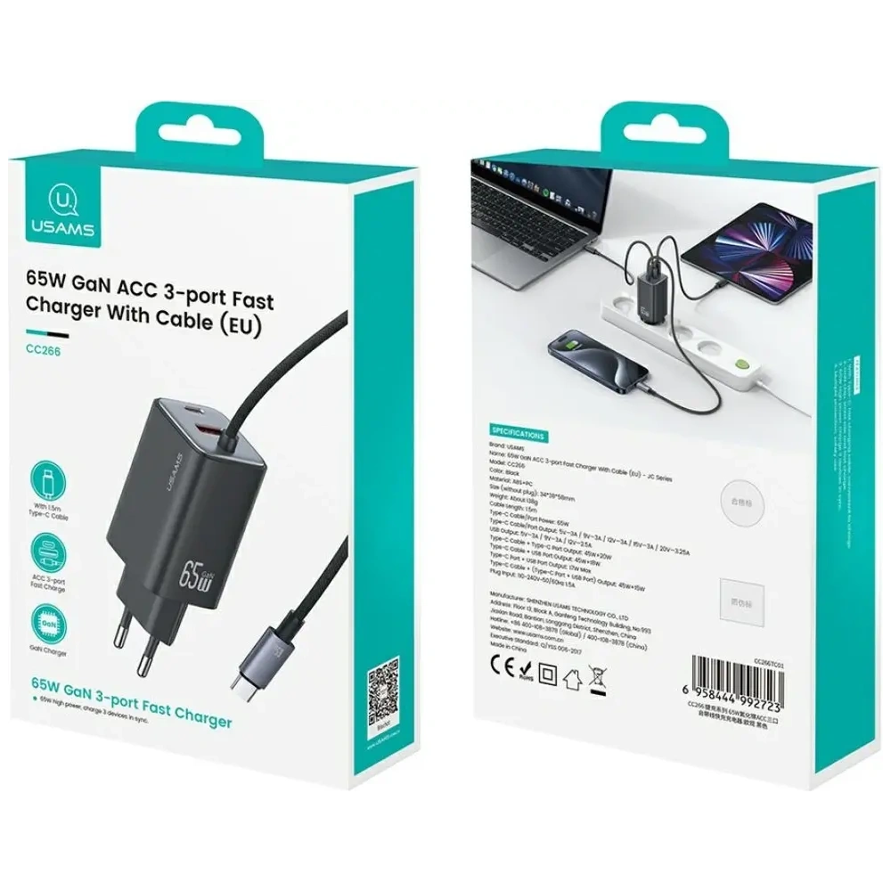 Hurtownia GSM - USAMS JC Sorozat CC266 65W GaN Gyors Töltő USB-A, 2xUSB-C fekete - USA1275 - {ean13} - Hurt