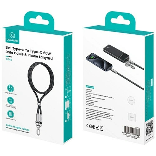 Smycz do telefonu z kablem do ładowania USB-C / USB-C USAMS SJ745 60W 1.2m czarny