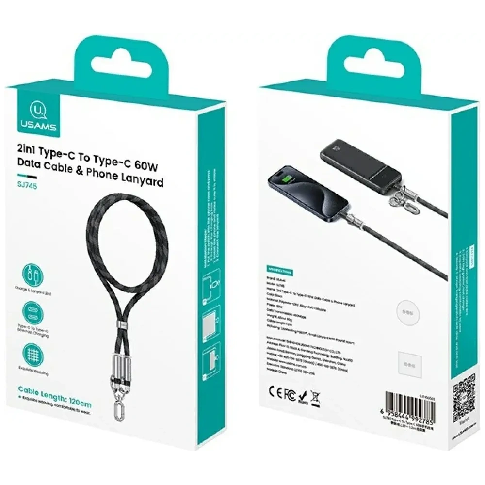 Wholesale USAMS SJ745 Phone lanyard with USB-C / USB-C charging cable 60W 1.2m black - USA1276 - {ean13} - Hurt