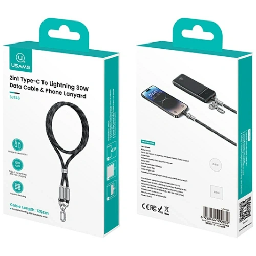 Smycz do telefonu z kablem do ładowania USB-C / Lightning USAMS SJ746 30W 1.2m fioletowy