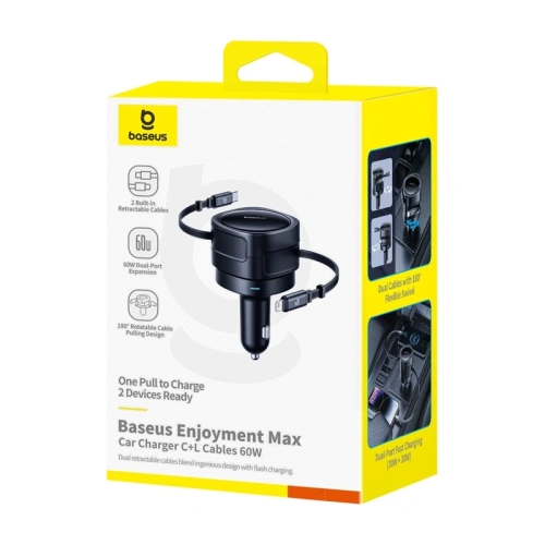Ładowarka samochodowa Baseus Enjoyment Max z kablami USB-C, Lightning 60W Czarny