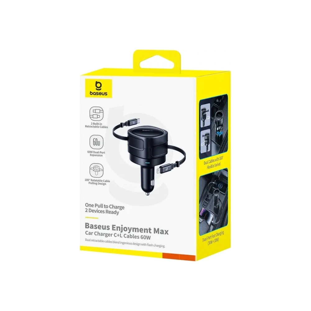 Wholesale Baseus Enjoyment Max Car Charger with USB-C, Lightning Cables 60W Black - BSU8968 - {ean13} - Hurt