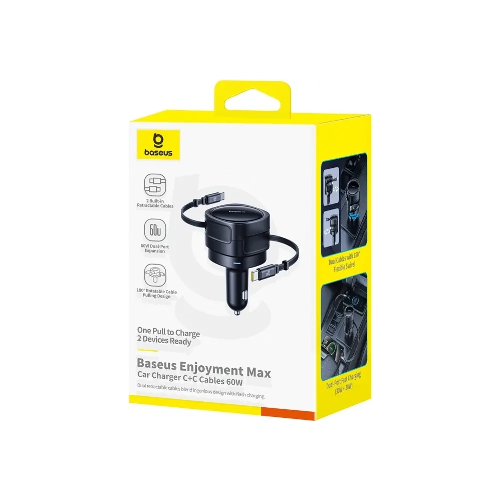 Wholesale Baseus Enjoyment Max Car Charger with 2xUSB-C Cables 60W Black - BSU8969 - {ean13} - Hurt