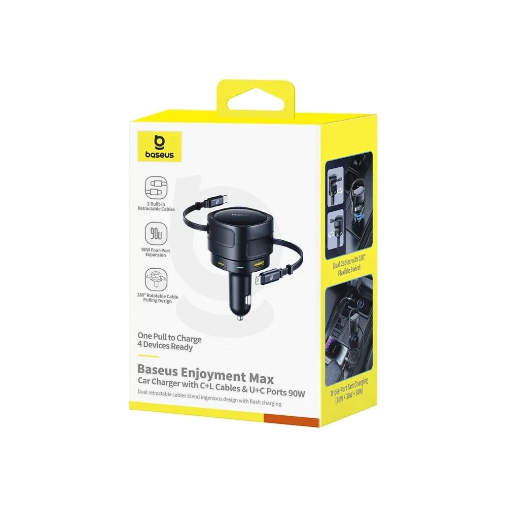 Hurtownia GSM - Încărcător auto Baseus Enjoyment Max USB-A, USB-C cu cabluri USB-C, Lightning 90W Negru - BSU8970 - {ean13} - Hurt