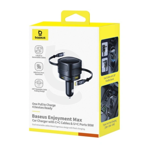 Ładowarka samochodowa Baseus Enjoyment Max USB-A, USB-C z kablami 2xUSB-C 90W Czarny