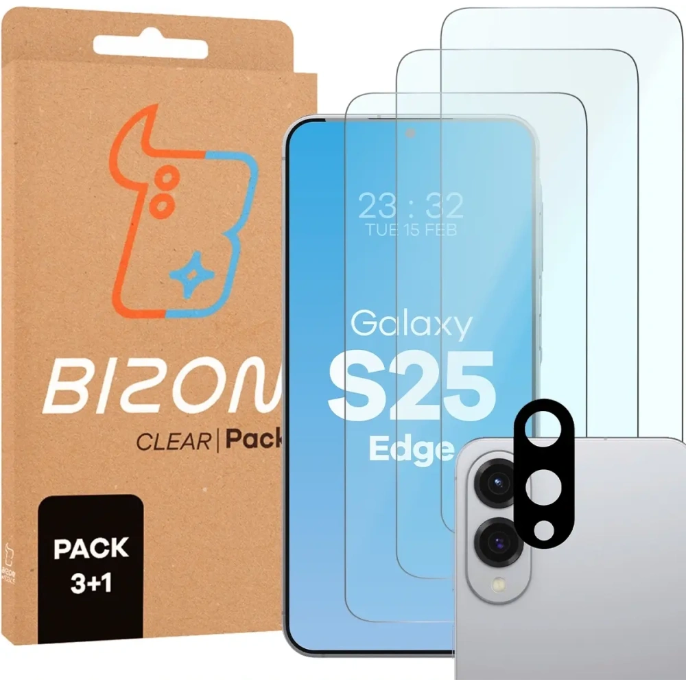 Hurtownia GSM - BIZON Clear 2 Pachet 3x sticlă pentru ecran + sticlă pentru lentile Samsung Galaxy S25 Edge - BIZ9348 - {ean13} - Hurt